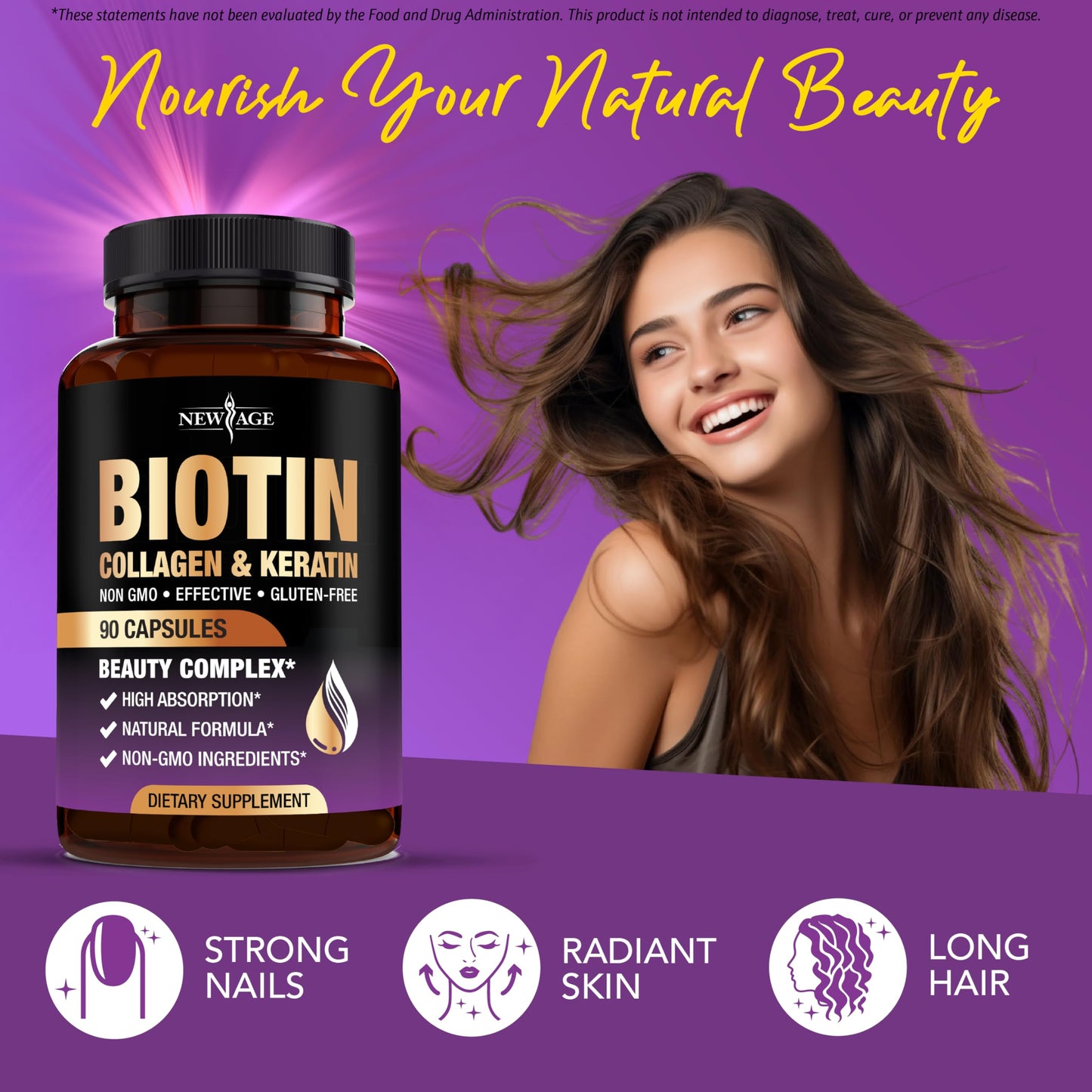 NEW AGE Biotin Collagen Keratin Hyaluronic Acid - 50,000mcg Hair Growth Vitamins for Men and Women, Nails, Hair, Skin Vitamins and DHT Blocker with Vitamin E Folic