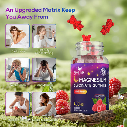 Magnesium Glycinate Gummies 400mg, High Absorption Magnesium Gummies with L-Theanine, Ashwagandha & GABA for Relaxation, Stress Relief & Sleep, Sugar Free, Vegan, 60 Raspberry SimlikeBuy Supplements Australia