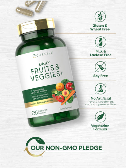 Carlyle Fruits and Veggies Supplement | 250 Capsules | Made with 30 Fruits and Vegetables | Vegetarian, Non-GMO, Gluten Free Superfood Formula CarlyleBuy Supplements Australia