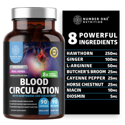 Number One Nutrition Premium Blood Circulation Supplement for Women and Men [8 Powerful Herbs & Vitamins] All Natural Blood Flow Supplement with Hawthorn, Butchers Broom and Cayenne Pepper, 90 Caps Number One NutritionBuy Supplements Australia