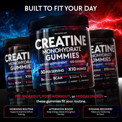 Creatine Monohydrate Gummies Complex 5000 MG for Men & Women, Preworkout Gummy with BCAA, L-Carnitine, Taurine & Vitamin B12 for Muscle Growth,
