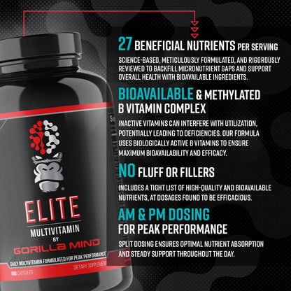 Gorilla Mind Elite Multi-Vitamin (180 Capsules) – Daily Multivitamin Formulated for Peak Performance | 27 Nutrients to Backfill Micronutrient Shortcomings Gorilla Mind buy supplements Au