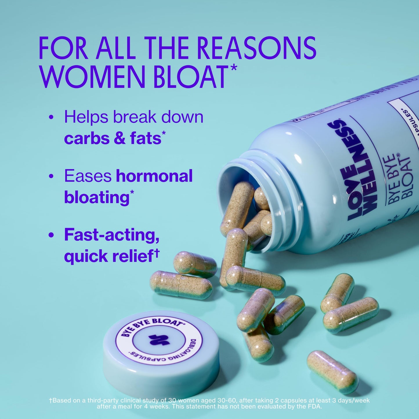 Love Wellness Bye Bye Bloat | Digestive Enzymes for Fast Acting Bloating Relief for Women | Helps Reduce Water Retention & Gas Relief | Supports Digestive Health