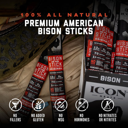 ICON Meats Bison and Pork Snack Sticks, Original Flavor, 24 Pack of High Protein Snacks, Sugar Free, Natural Jerky Meat Sticks, Gluten Free, USDA Inspected, Made in USA, Gifts for Him ICON buy supplements Au