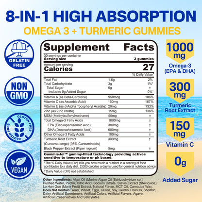 Vegan Omega-3 Gummies 1000mg + Turmeric - Omega 3 Fish Oil Alternative for Adults - Algae DHA 600mg & EPA 300mg