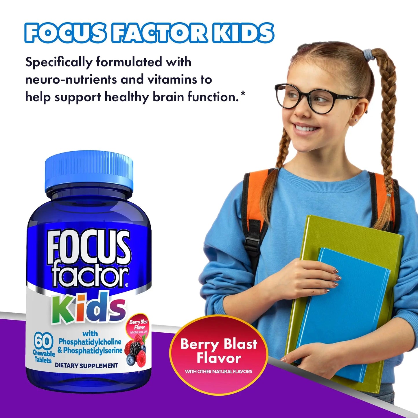 Focus Factor Kids Complete Daily Chewable Vitamins: Multivitamin & Neuro Nutrient (Brain Function) w/Vitamin B12, C, D3-60 Count Focus Factor