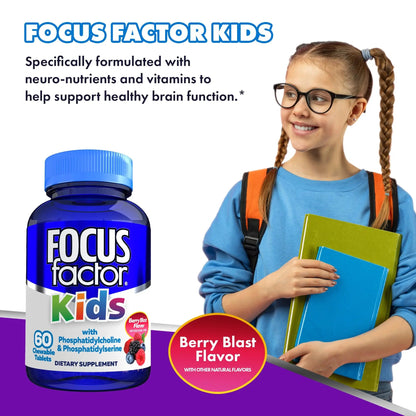 Focus Factor Kids Complete Daily Chewable Vitamins: Multivitamin & Neuro Nutrient (Brain Function) w/Vitamin B12, C, D3-60 Count Focus Factor