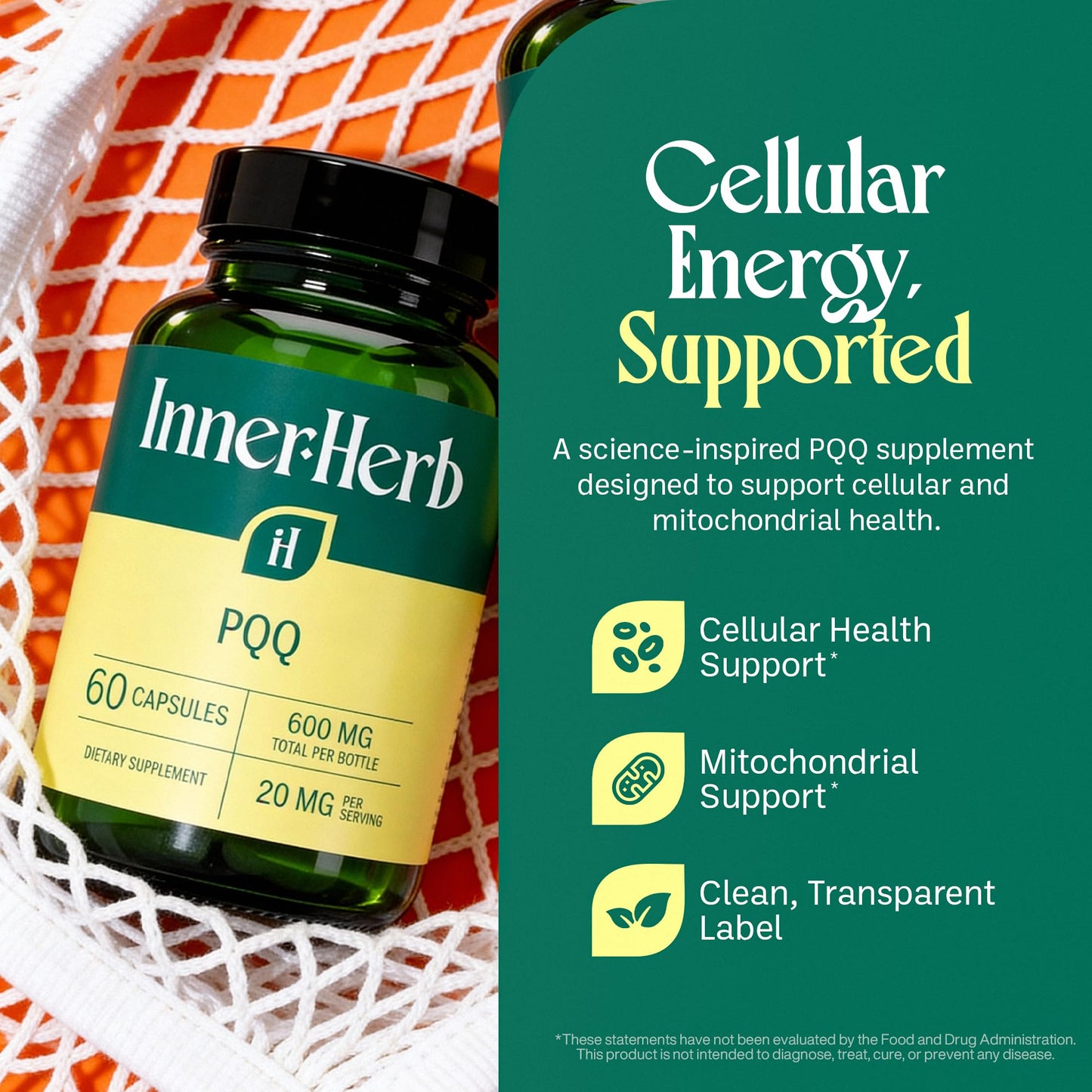 InnerHerb Pyrroloquinoline Quinone PQQ Daily Capsule - Supplement for Adults (60 Capsules, 30 Servings) (20mg Per Serving) InnerHerb buy supplements Au