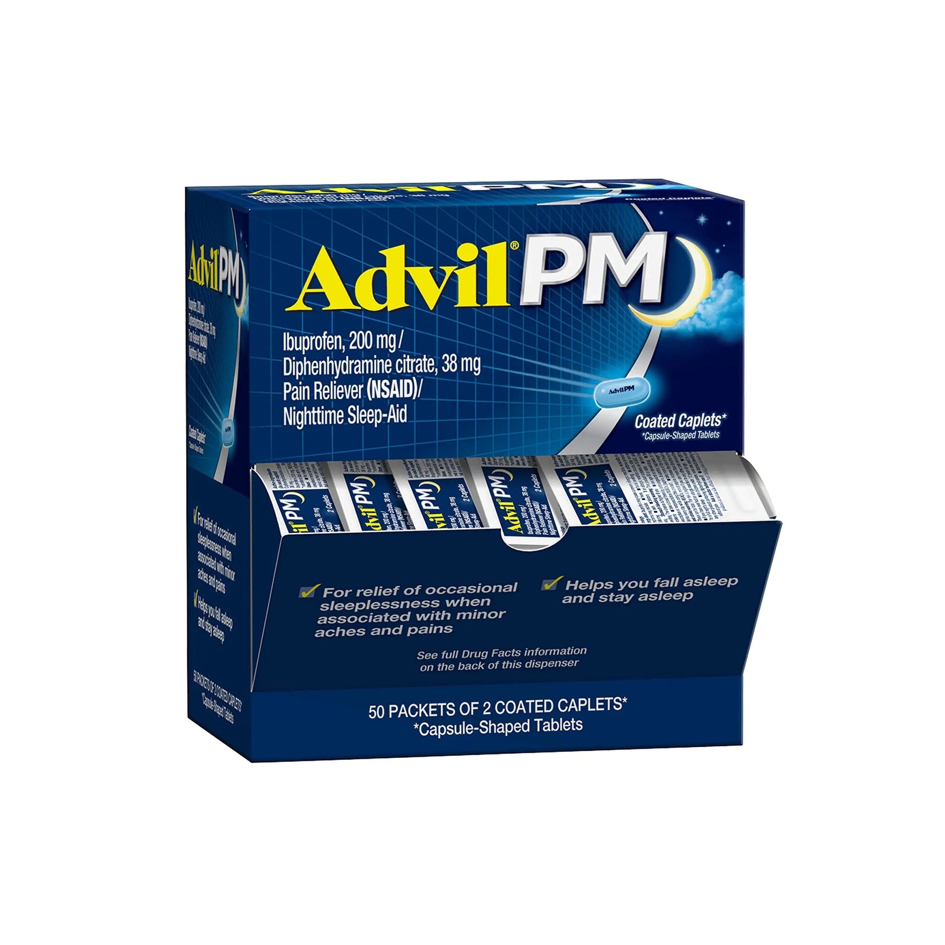 Advil PM Pain Reliever and Nighttime Sleep Aid, Pain Medicine with Ibuprofen for Pain Relief and Diphenhydramine Citrate for a Sleep Aid - 50x2 Coated Caplets AdvilBuy Supplements Australia