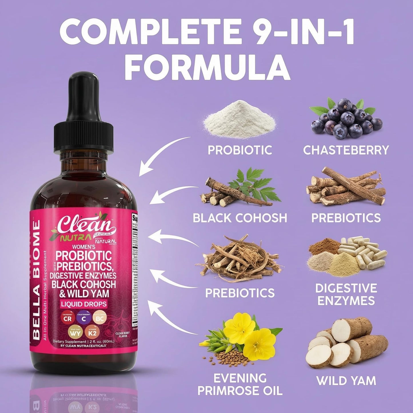 Liquid Probiotics for Women Drops with Chasteberry, Black Cohosh, Prebiotics, Digestive Enzymes, Evening Primrose Oil, Wild Yam, Cranberry Dmannose and Iron Vitamin D3 K2 Clean Nutra Bella Biotics Clean Nutraceuticals buy supplements Au