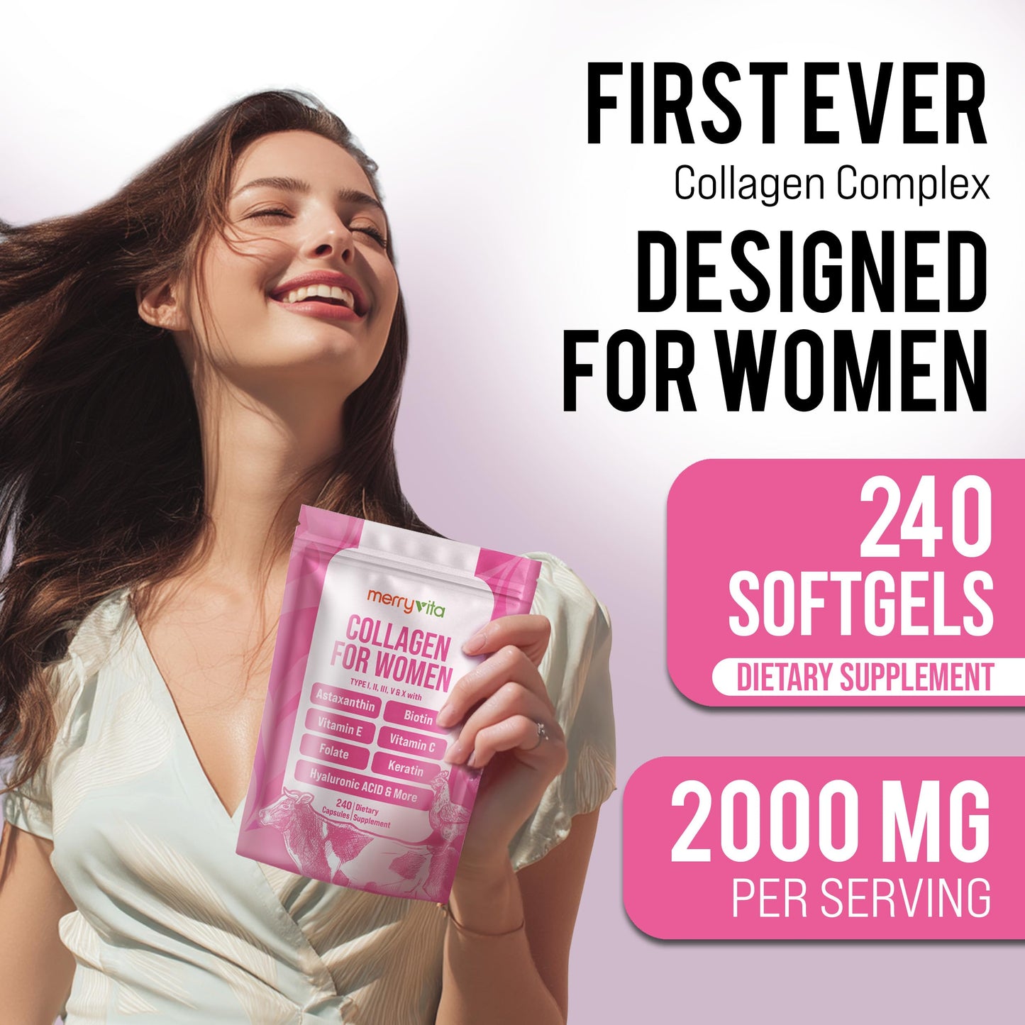 MERRY VITA Collagen for Women – Hydrolyzed Multi Collagen Peptides Types I, II, III, V & X – Collagen Supplement with Vitamin C, Biotin & Hyaluronic Acid – Grass Fed, Non-GMO, 240 Capsules MERRY VITA buy supplements Au