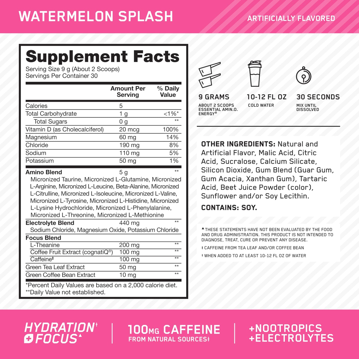 Optimum Nutrition Amino Energy Powder Plus Focus, with BCAA, Electrolytes, and Caffeine, Watermelon, 30 Servings (Packaging May Vary)