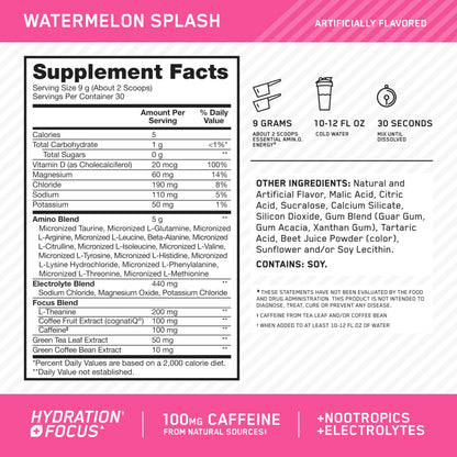 Optimum Nutrition Amino Energy Powder Plus Focus, with BCAA, Electrolytes, and Caffeine, Watermelon, 30 Servings (Packaging May Vary)
