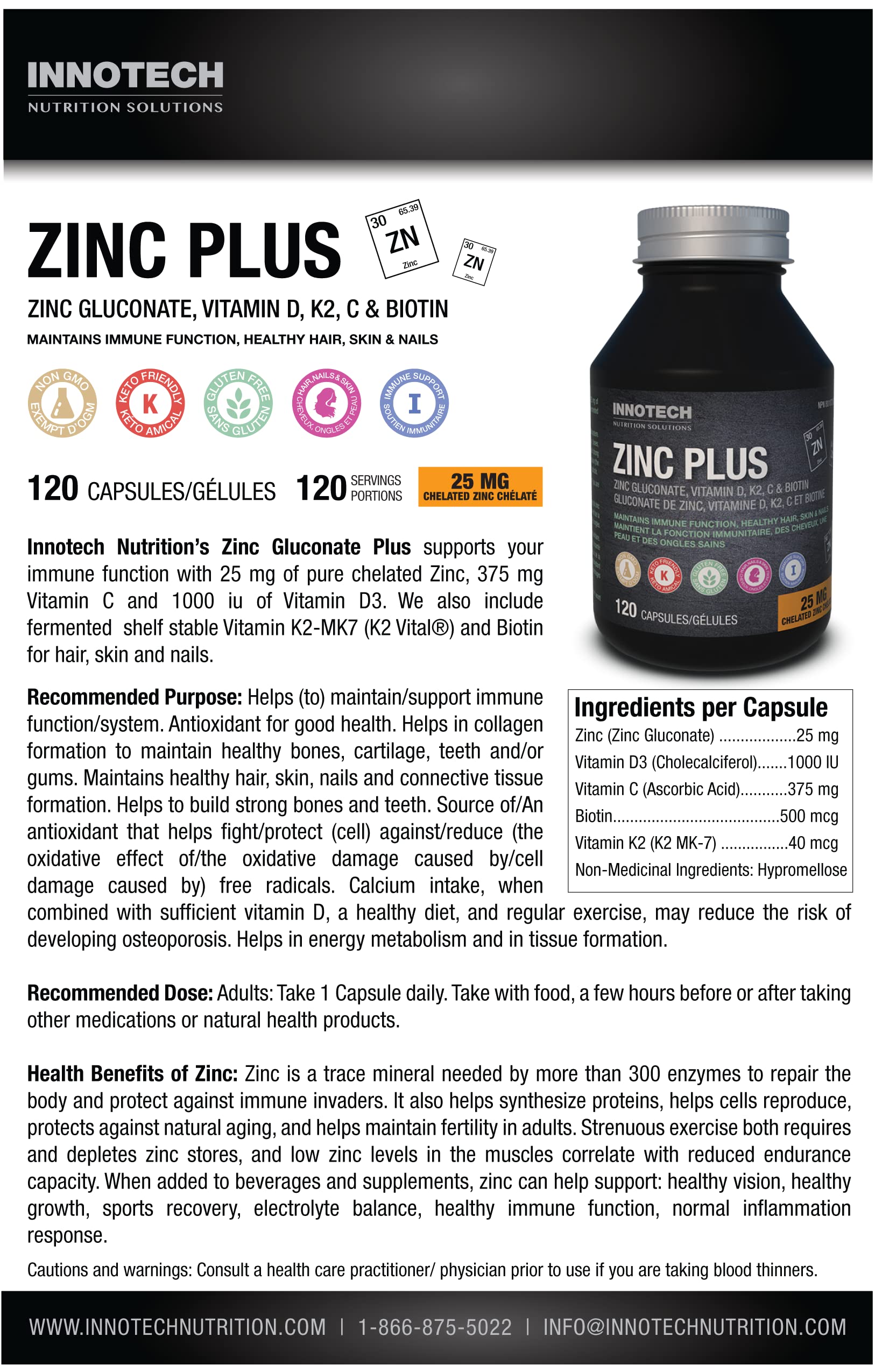 Innotech Nutrition Zinc Plus Immune Hair Skin & Nails Support Chelated Zinc Vitamin D3 & Biotin 120 Vegan Capsules Innotech Nutrition Solutions buy supplements Au