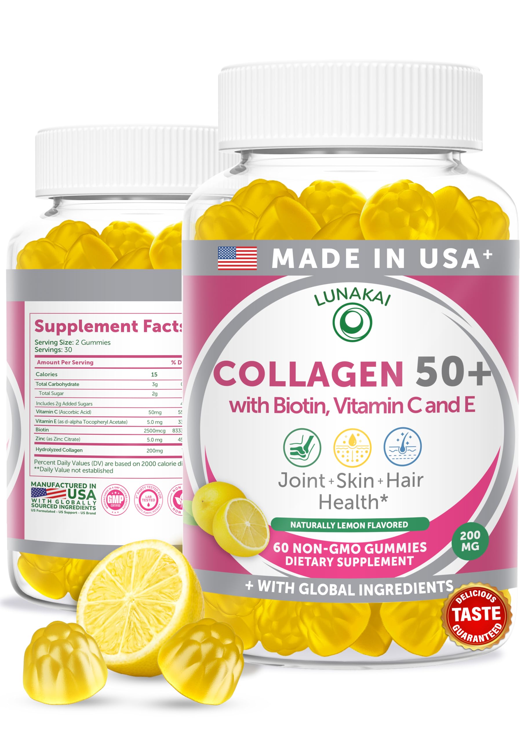 Lunakai USA Made Collagen Gummies for Women & Men Over 50, Biotin & Vitamin C, Supports Skin Elasticity, Hair & Nail Strength, Joint Support, 60ct Lunakai buy supplements Au
