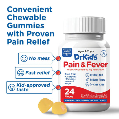 Dr. Kids Children’s Pain and Fever Chewable Gels – Pain Relief and Fever Reducer for Kids Ages 2–11, 80 mg Chewable Acetaminophen for Headache, Sore Throat, Cold & Flu, Pineapple Flavor, 24 Count Dr. KidsBuy Supplements Australia