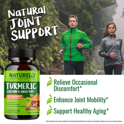 NATURELO Turmeric Curcumin - BioPerine for Better Absorption - Black Pepper, Ginger Root, Curcuminoids - Plant-Based Joint Discomfort Support