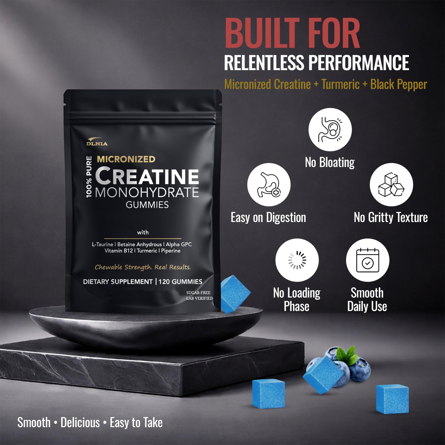 Creatine Monohydrate Gummies for Men & Women - Sugar Free & Vegan Advanced Formula W/L-Taurine + Vitamin B12 - for Muscle Strength, Muscles Builder, Recovery,