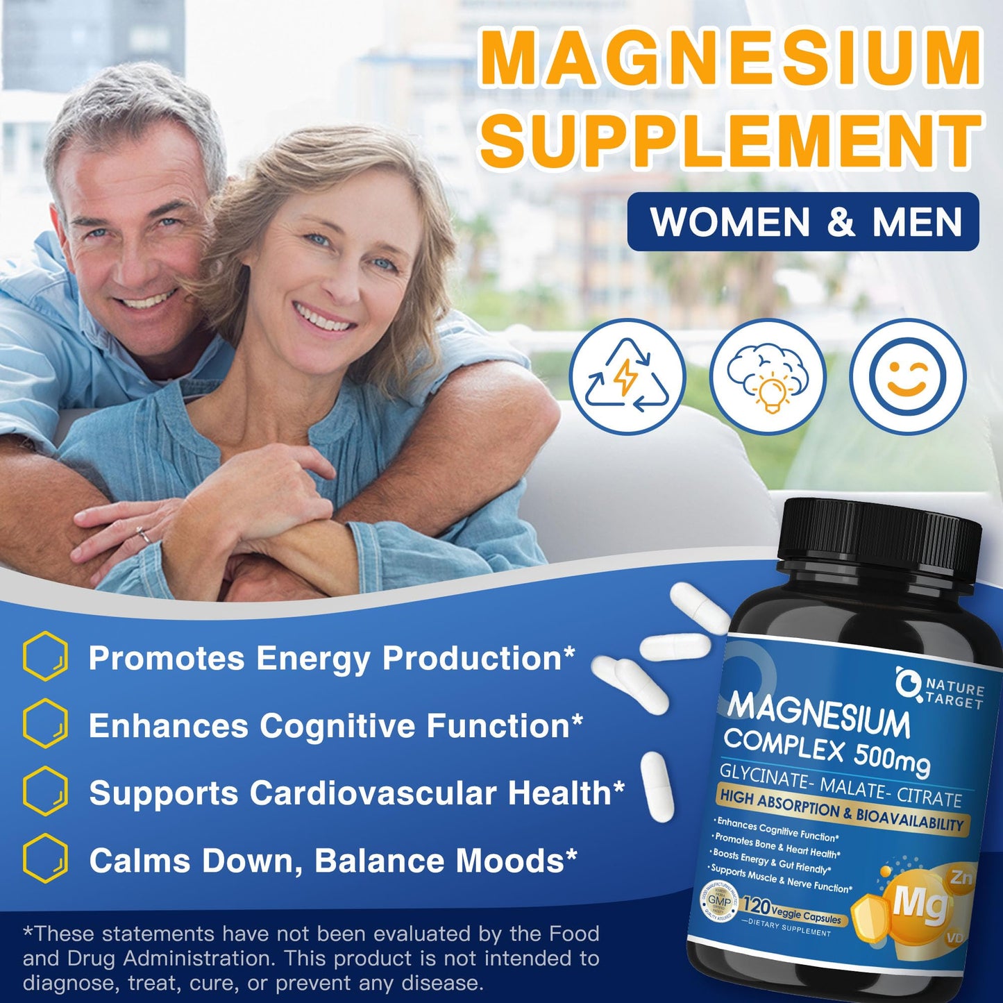 Magnesium Complex 500mg, Magnesium Glycinate, Malate & Citrate - High Absorption Chelated Triple Magnesium Supplement with Zinc, Vitamin D3 for Muscle, Nerve, Bone & Immune Support, Vegan 120 Capsules NATURE TARGET buy supplements Au
