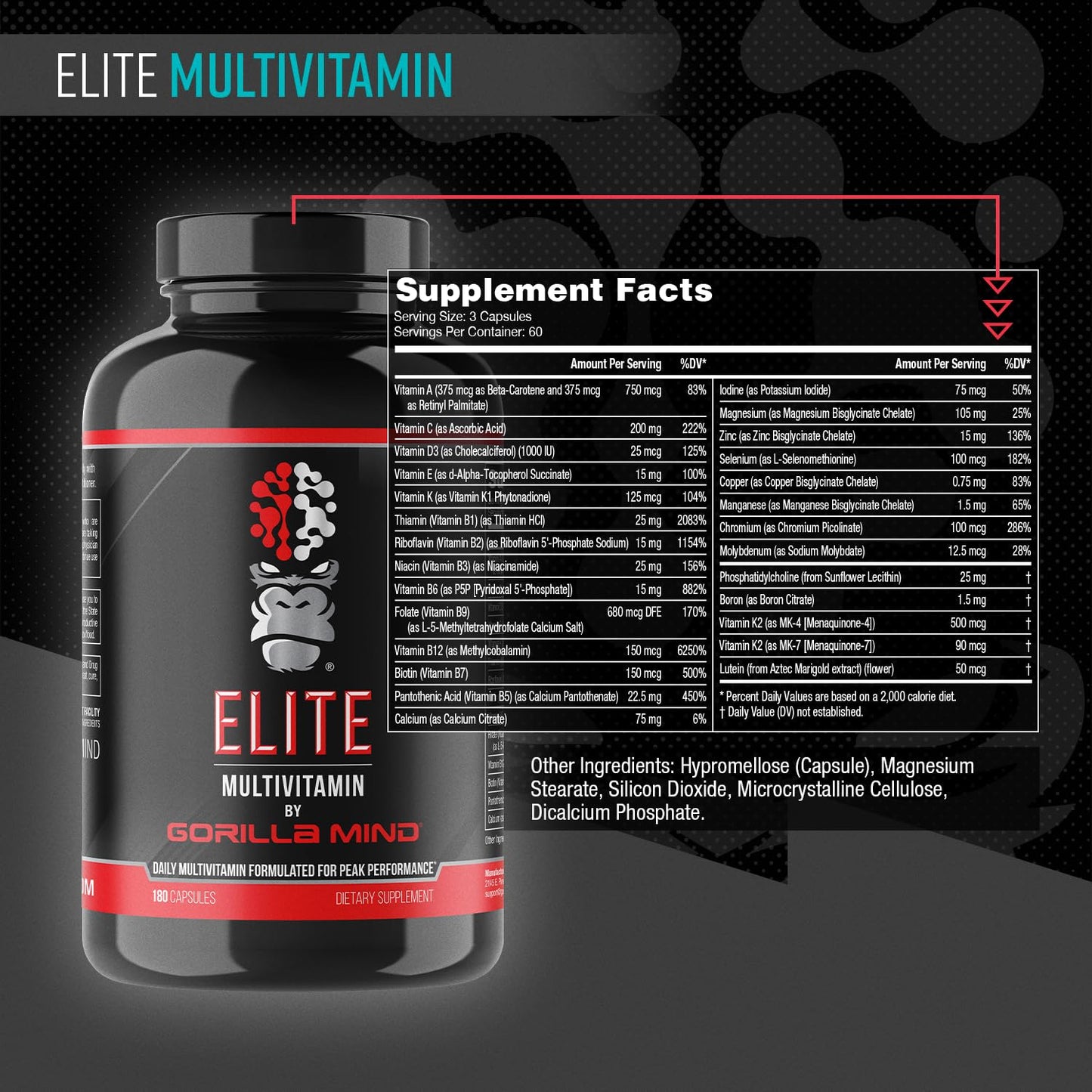 Gorilla Mind Elite Multi-Vitamin (180 Capsules) – Daily Multivitamin Formulated for Peak Performance | 27 Nutrients to Backfill Micronutrient Shortcomings Gorilla Mind buy supplements Au