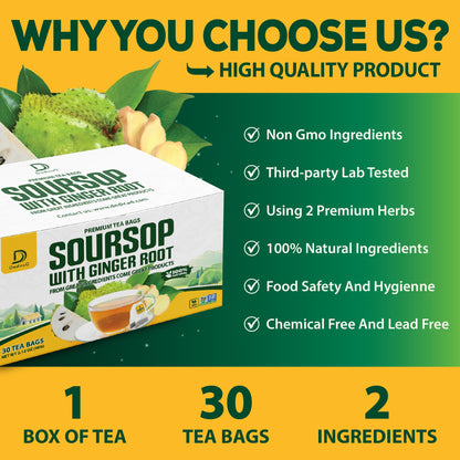 DEDICAD Soursop Leaves Tea Bags with Ginger, 30 Tea bags, 2gr/bag - Non-GMO/Caffeine free - Support Digestion, Well Skin, Immune System DEDICAD buy supplements Au