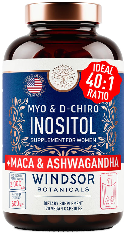 Myo-Inositol & D-Chiro Inositol 40:1 Ratio 2,000 mg - PCOS Supplements with Maca Root & Ashwagandha - Ovarian Health Support Vitamins - Hormone & Fertility Supplements for Women - 120 Vegan Caps WINDSOR BOTANICALSBuy Supplements Australia