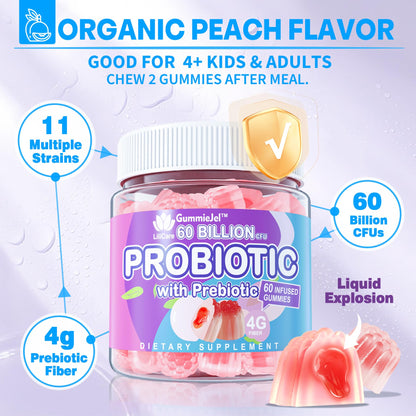 Probiotic Gummies 60 Billion CFU for Women Men & Kids, 11 Strains Probiotics + Organic Prebiotics Fiber for Immune, Digestive Health, Supports Constipation,