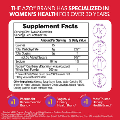 AZO Cranberry Urinary Tract Health Gummies Dietary Supplement, 2 Gummies = 1 Glass of Cranberry Juice, Helps Cleanse & Protect