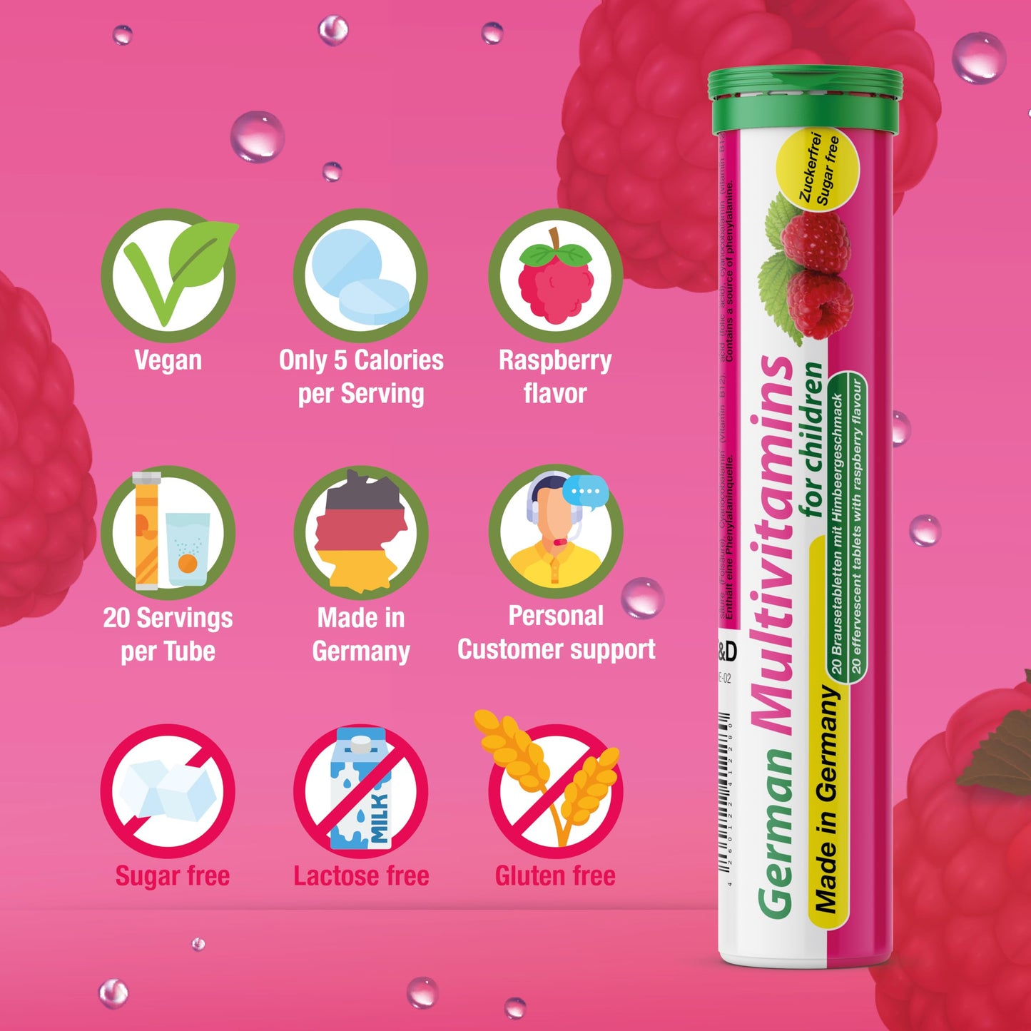 T&D German Multivitamin for Children 60 Drink Effervescent Tablets - Sweet Raspberry Flavour, Sugar Free, Vegan - Vitamin C, E, B1, B2, B6, B12, Folic Acid, Niacin Pharma – Made in Germany T&D buy supplements Au