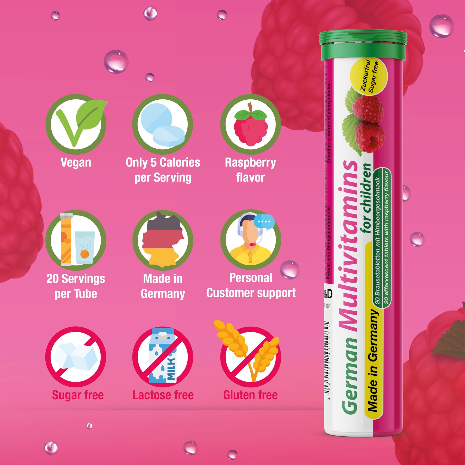 T&D German Multivitamin for Children 60 Drink Effervescent Tablets - Sweet Raspberry Flavour, Sugar Free, Vegan - Vitamin C, E, B1, B2, B6, B12, Folic Acid, Niacin Pharma – Made in Germany T&D buy supplements Au
