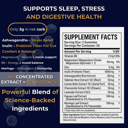 Gut Health & Bloating Relief Gummies – Digestion Support with Prebiotic Fiber, Inulin & Ashwagandha – Stress, Nervous Stomach, Sleep & Calm Support – Gut-Brain Axis Formula