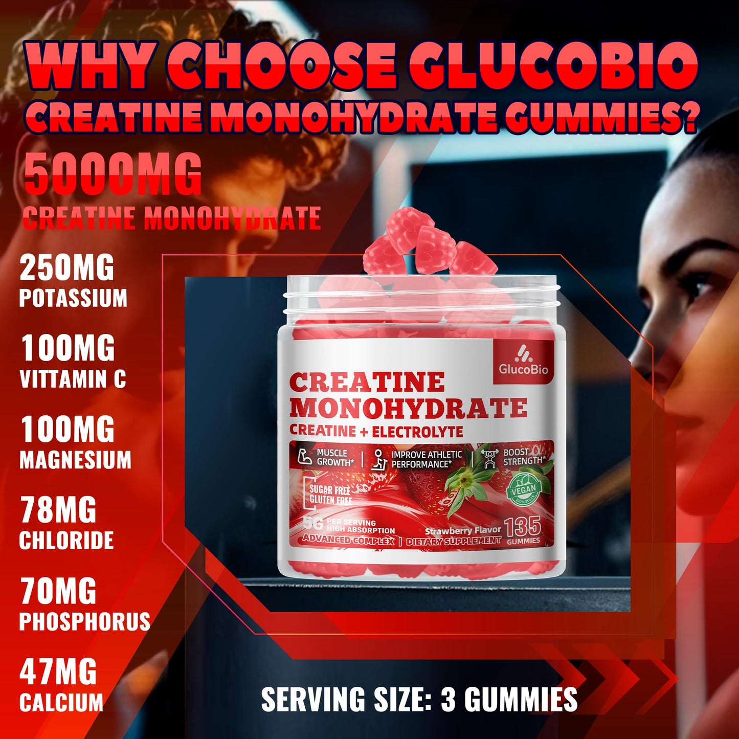 GlucoBio Creatine Monohydrate Gummies (5g) – Pre-Workout Energy & Muscle Growth Support for Men & Women