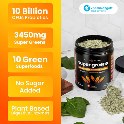 NutraChamps Super Greens Powder Premium Superfood | 20+ Organic Green Veggie Whole Foods | Wheat Grass, Spirulina, Chlorella | Antioxidant, Digestive Enzyme