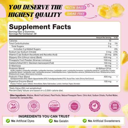 Totaria Sugar Free Probiotics for Women, Feminine Balance Gummies, 50 Billion CFU Vaginal Probiotic Prebiotic w/Slippery Elm, Cranberry, for Vaginal, Urinary Tract