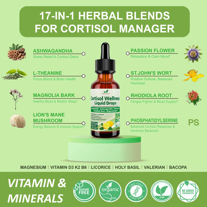 Vita PLynxera Cortisol Supplement Liquid Drops, 17-in-1 Cortisol Detox w. Magnesium Glycinate 400mg Ashwagandha, L-Theanine, Phosphatidylserine, Hormone Balanced