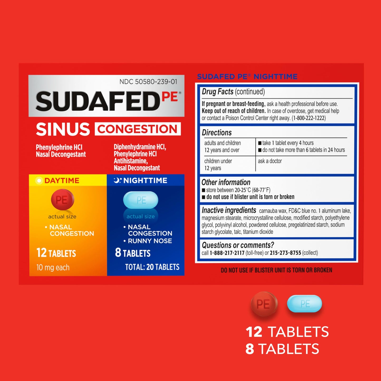 Sudafed PE Sinus Congestion Day + Night Maximum Strength Decongestant & Antihistamine Tablets with Phenylephrine HCl & Diphenhydramine HCl, Helps Nasal & Sinus Pressure & Congestion, 20 ct Sudafed buy supplements Au