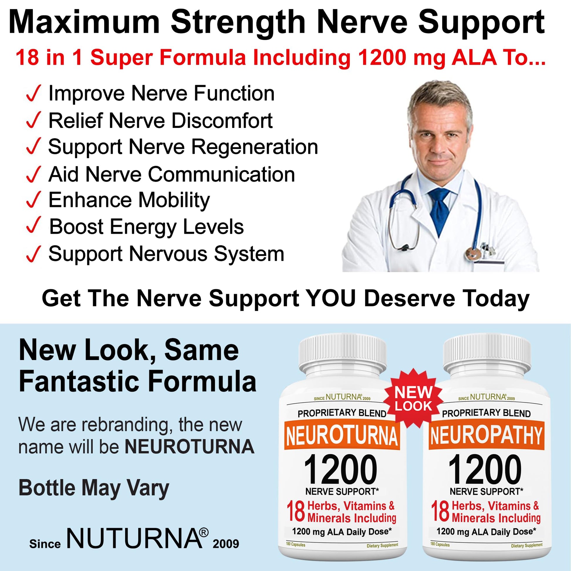 Neuroturna Support Supplement with 1200 mg Pure Alpha Lipoic Acid - Maximum Strength Formula with ALA + Vitamins + Minerals + Herbs - Best Natural Support - 180 Capsules NuturnaBuy Supplements Australia