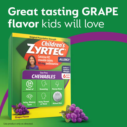 Zyrtec Children's Dye-Free Chewables for 24 Hour Allergy Relief, 10 mg Cetirizine Hydrochloride Antihistamine Tablets, Kids Allergy Medicine Relieves Sneezing & Itchy Throat, Grape, 48 ct Zyrtec buy supplements Au