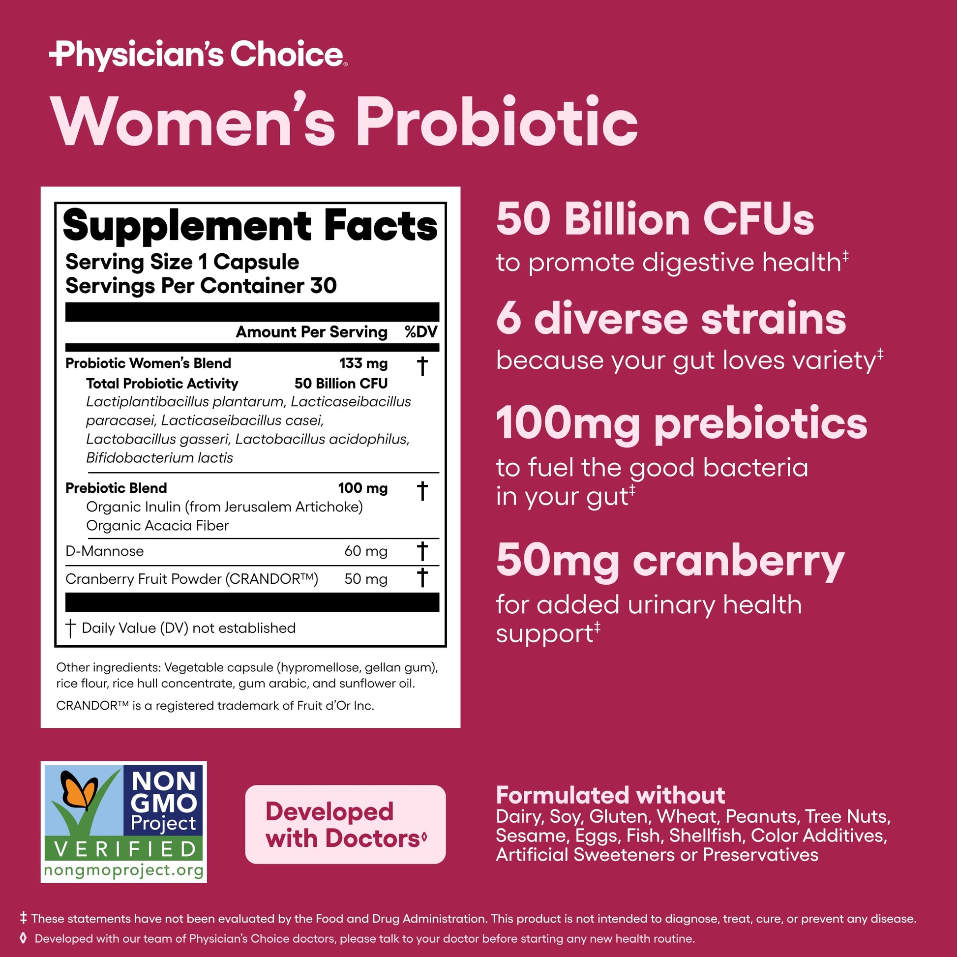 Physician's CHOICE Probiotics for Women - PH Balance, Digestive, UT, & Feminine Health - 50 Billion CFU - 6 Unique Strains for Her - Organic Prebiotics, Cranberry Extract+ - Women Probiotic - 30 CT Physician's CHOICE buy supplements Au