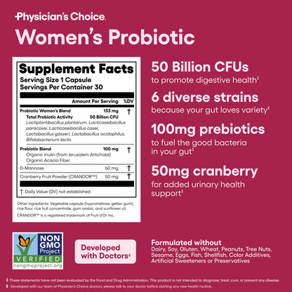 Physician's CHOICE Probiotics for Women - PH Balance, Digestive, UT, & Feminine Health - 50 Billion CFU - 6 Unique Strains for Her - Organic Prebiotics, Cranberry Extract+ - Women Probiotic - 30 CT Physician's CHOICE buy supplements Au