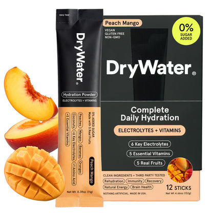 DryWater Electrolyte Powder Packets, Peach Mango - Hydration Packets Drink Mix with Zero Added Sugar for Rehydration & Energy - 6 Key Electrolytes