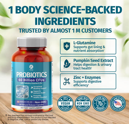 1 Body Probiotic 60 Billion for Men & Women, Gut Health Support with Prebiotics, Digestive Enzymes, Zinc & L-Glutamine, Non-GMO, 60 Vegan Capsules