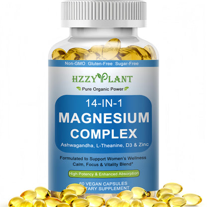 Bottle of HZZY PLANT 14-IN-1 Magnesium Complex supplement with yellow capsules on a white background