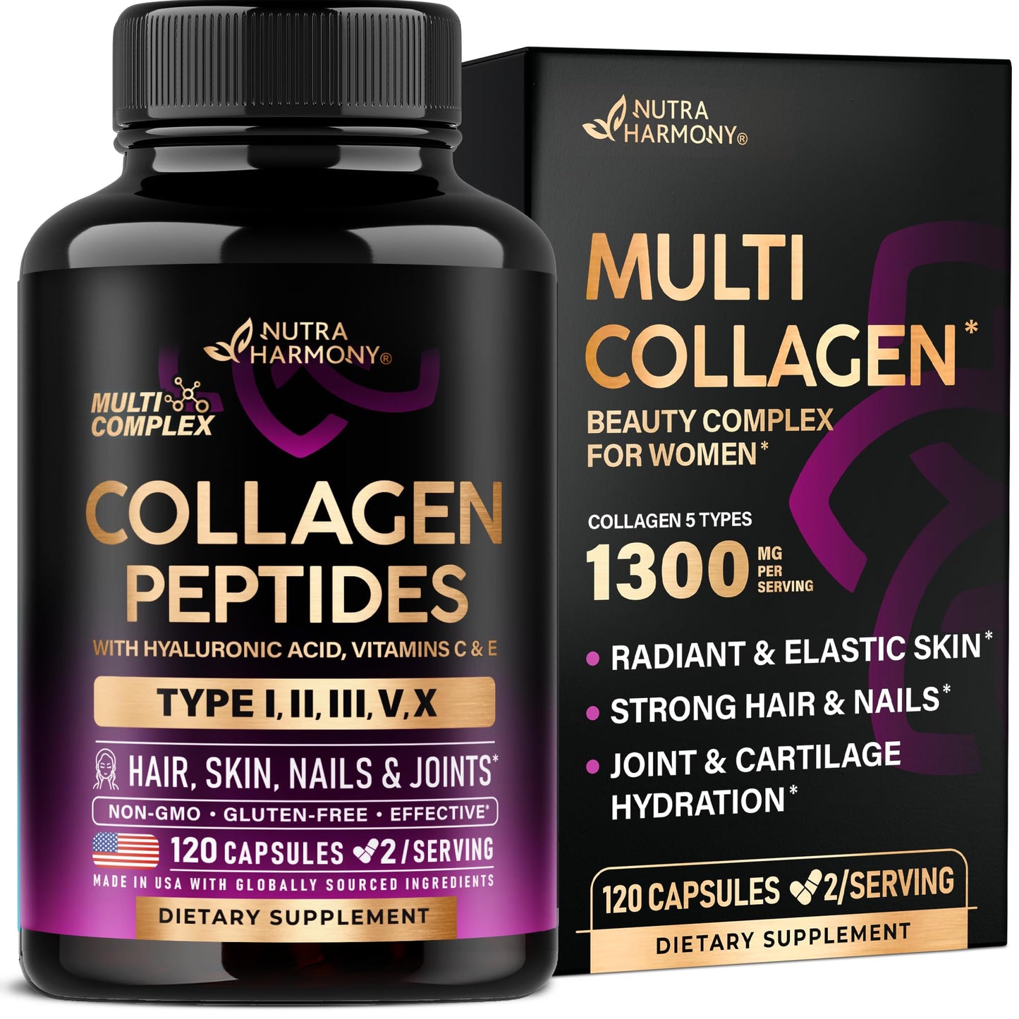 Multi Collagen Peptides - Hydrolyzed Types I, II, III, V & X - Collagen Supplement for Women 1300mg - w/ Hyaluronic Acid, Vitamins C & E - Skin, Hair, Nails & Joint Support - Made in USA, 120 Capsules NUTRAHARMONY buy supplements Au
