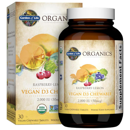 Garden of Life Organics Vegan Vitamin D3 Chewable - Raspberry Lemon, 2,000 IU (50mcg) Whole Food Vitamin D3 from Lichen