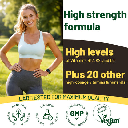 Vegan Vitality Multivitamins & Minerals for Women and Men with High Strength Vitamin B12, D3 & K2. 180 Vegan Multivitamin Tablets - 6 Months Supply
