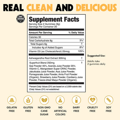 JUGO Focus + SUPERFOODS Ashwagandha Gummies with Vitamin D3 & Superfruit Blend, Vegetarian-Friendly Focus Supplement with Adaptogens, Gelatin-Free and Gluten-Free, Non-GMO, Made in USA, 40 Coun JUGO LLCBuy Supplements Australia