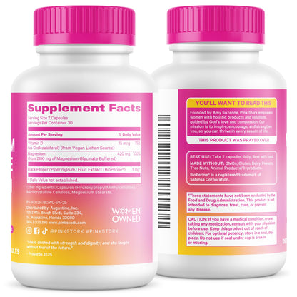 Pink Stork Magnesium Glycinate with Vitamin D - Magnesium Supplement for Women to Support Natural Calm, Mood, and Sleep - Hormone Balance for Women