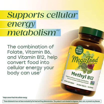 MegaFood Methyl B12 - Vegan - Includes Methyl Folate, Vitamin B12 & B6 - Supports Cellular Energy Production, Nervous System Health