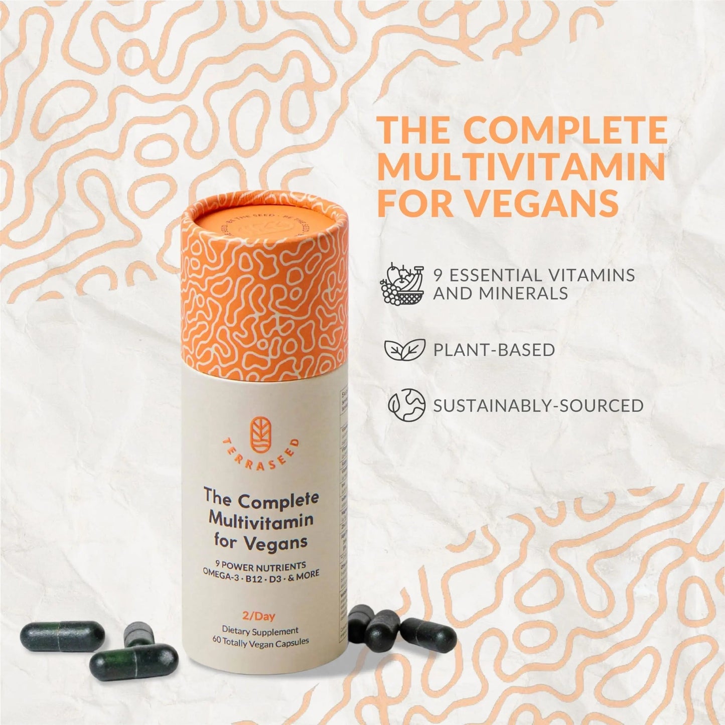 Complete Vegan Multivitamin with Iron, Omega 3, Vitamin D3, Folate, Zinc, Vitamin B12, & More - 100% Sustainable Vegan Vitamins Terraseed